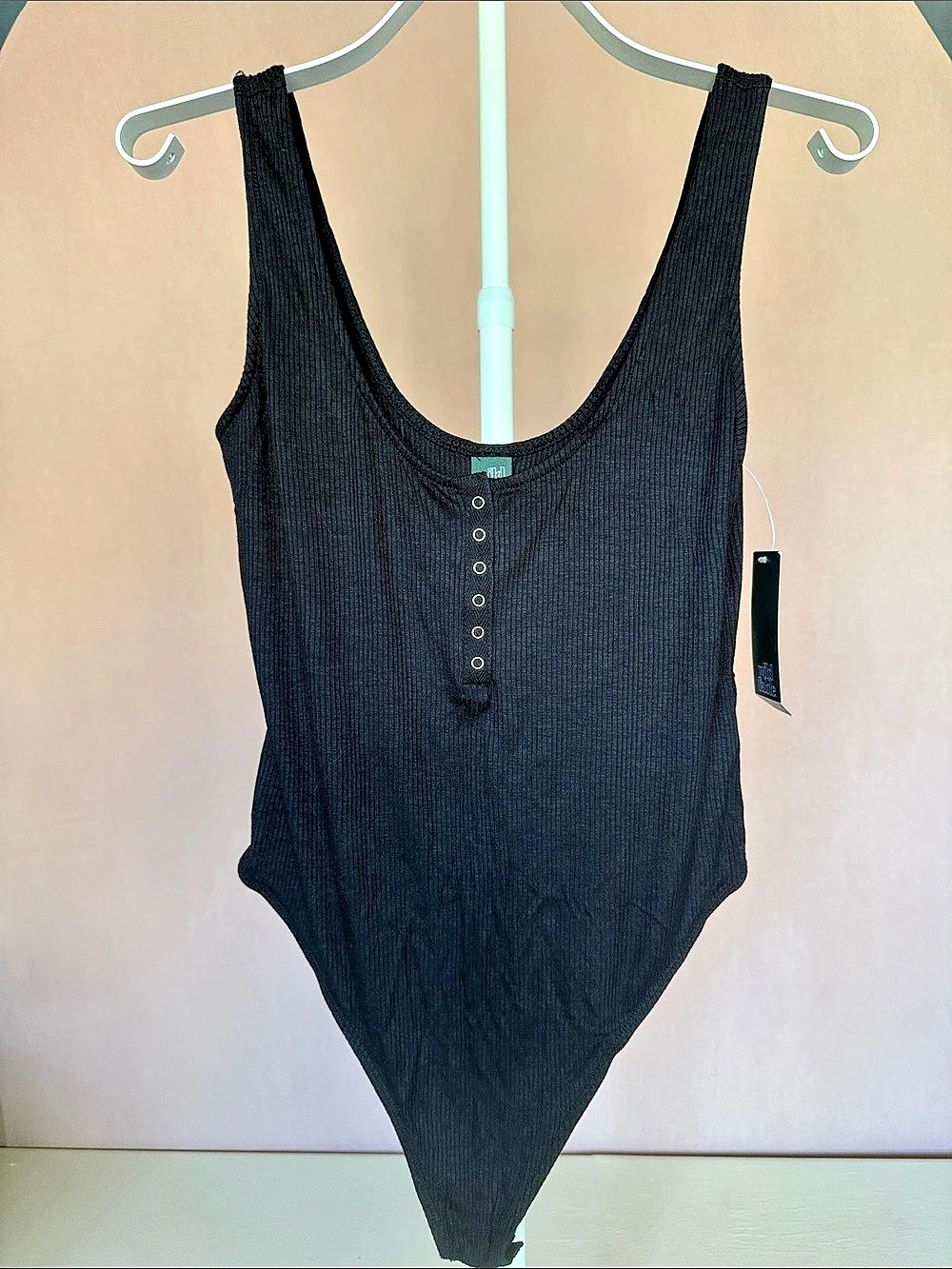 wild fable Ribbed Button-Front Scoop Neck Bodysuit Black Medium